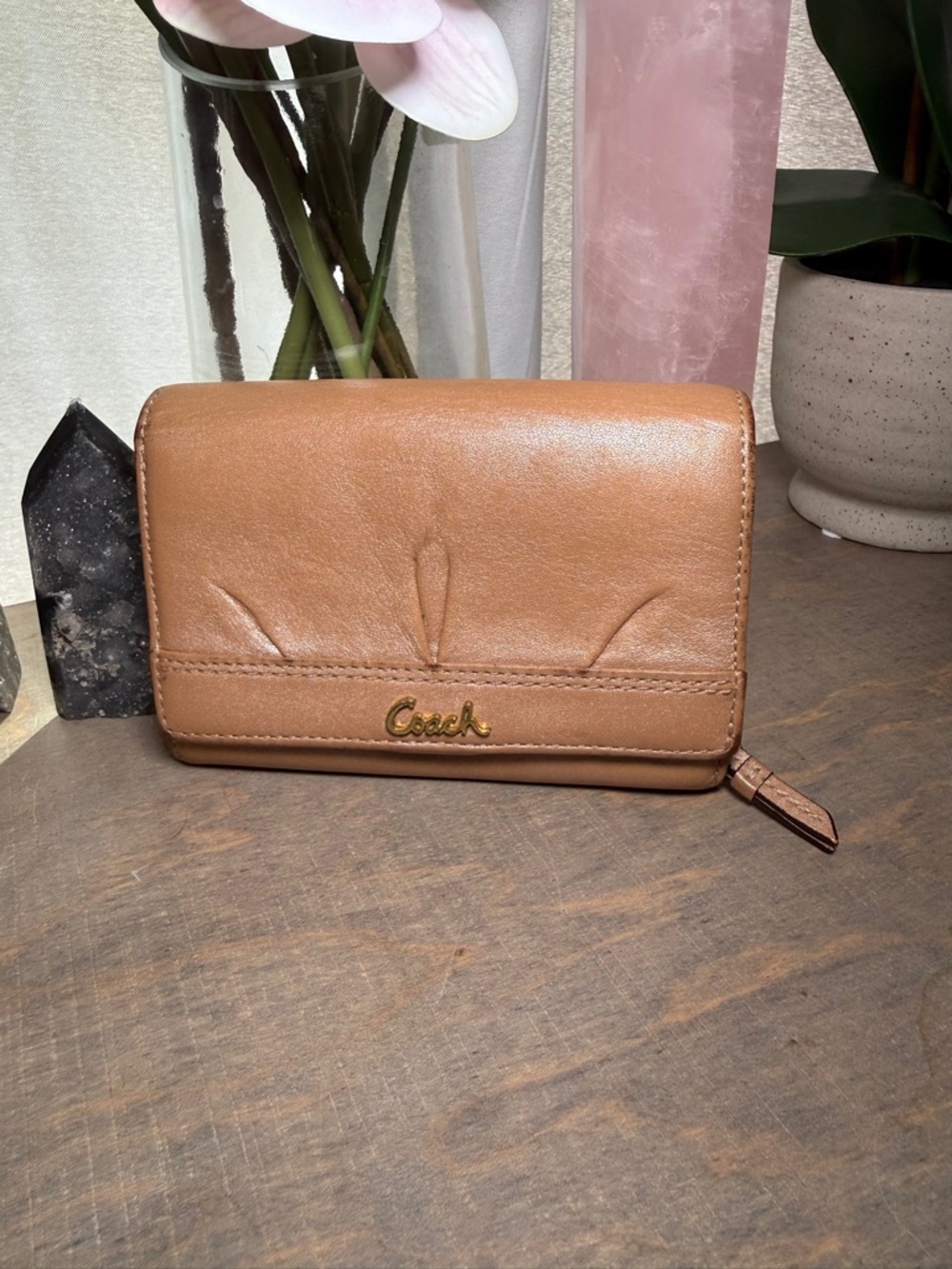 Coach leather wallet in the color dune. The inside is so pretty!